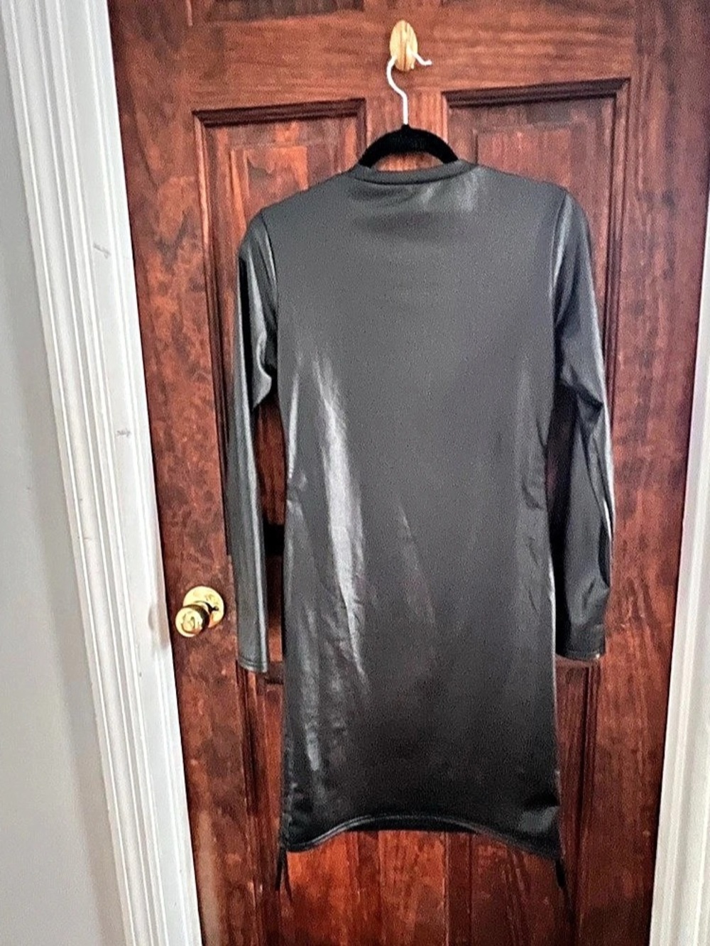 RAMISU Black Faux Leather Long Sleeve Ruched Drawstring Bodycon Mini Dress - Picture 2 of 4